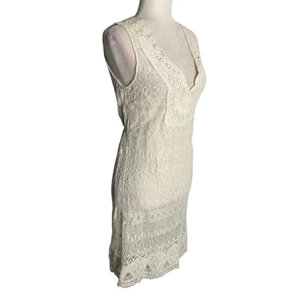 Hale Bob Crochet Lace Silk Dress S White Sleeveless V Neck Lined Knee Length - Picture 5 of 6